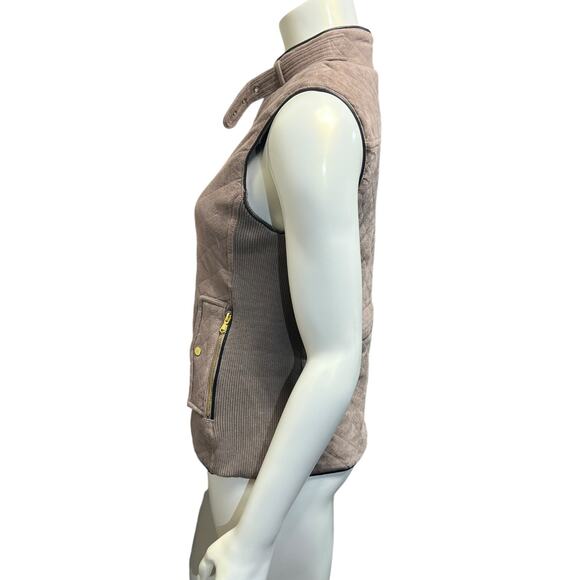 Quilted Vest Taupe Faux Suede Puffer Gold Hardware Ribbed Side Panels Size M - Picture 5 of 9